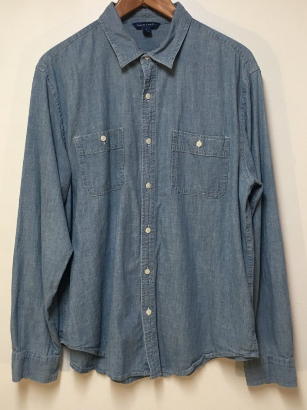 Falls Creek Men L Shirt Blue Denim Button Up Cowboy Western Cotton Long Sleeve